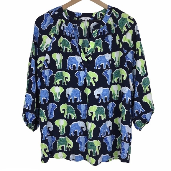 CROWN & IVY Top Blouse Elephants Split V Neck 3/4 Sleeve Navy Size Large NWT - Picture 10 of 10